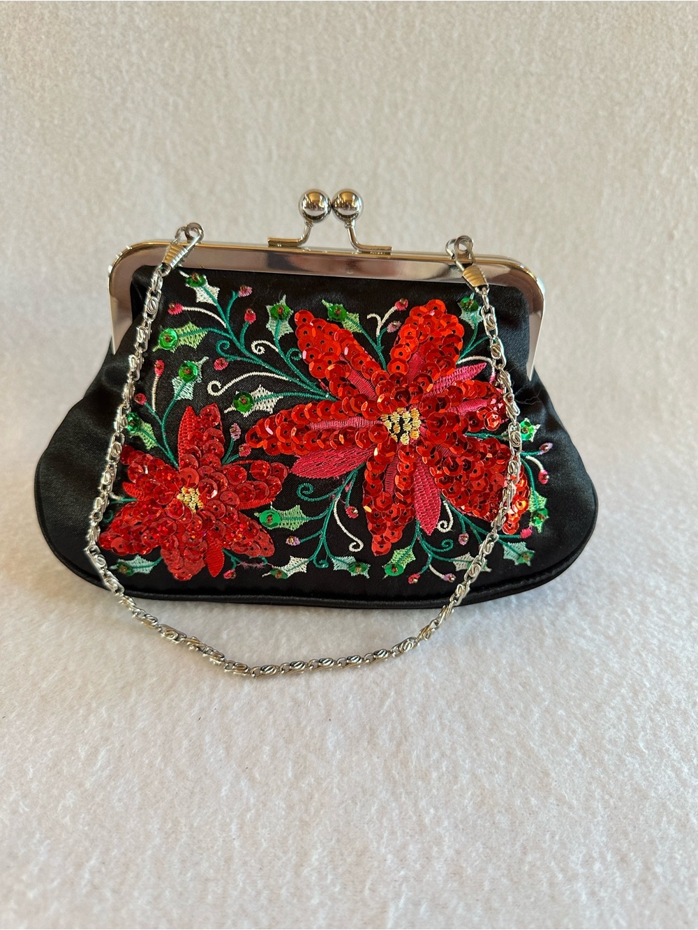 Vendula London Black Satin Poinsettia Sequin Embroidered Kiss Lock Clutch Bag